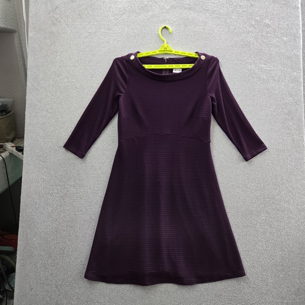 Tommy Hilfiger Women Dress 10 Purple Fit & Flare Button 3/4 Sleeve Skater